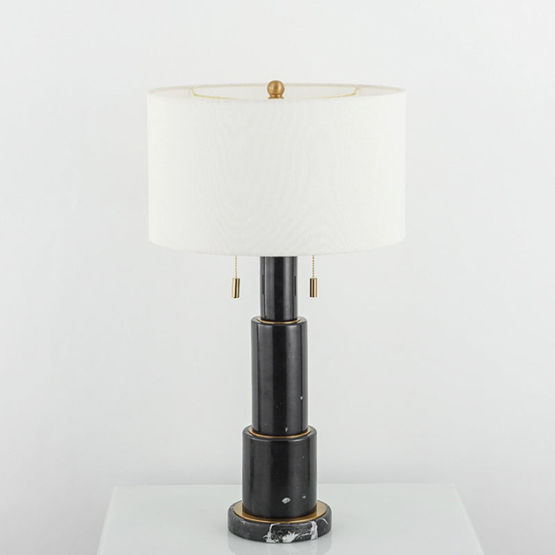 3-Tier Marble Night Lamp: Minimalist Table Light With Pull-Chain Black/White Drum Fabric Shade Black