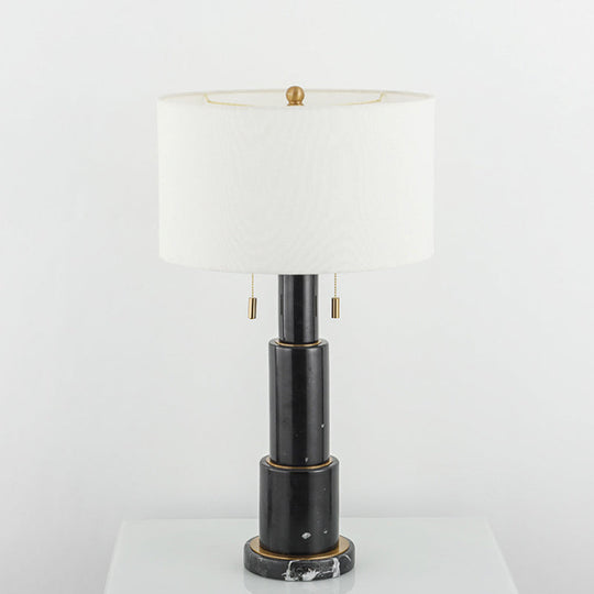 3-Tier Marble Night Lamp: Minimalist Table Light With Pull-Chain Black/White Drum Fabric Shade Black