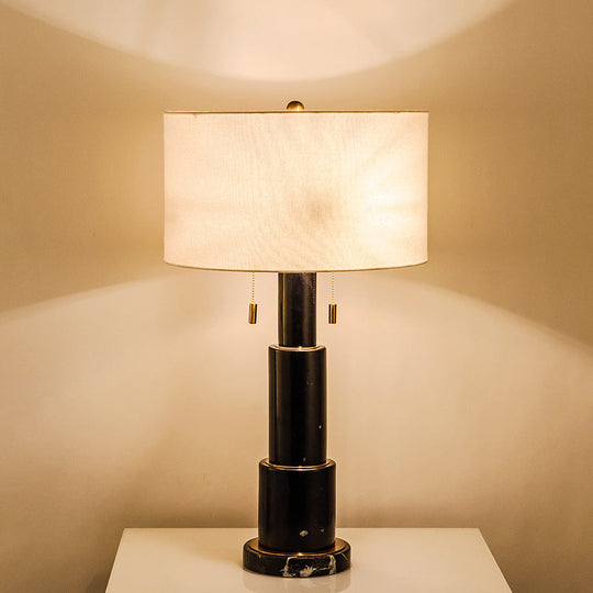 3-Tier Marble Night Lamp: Minimalist Table Light With Pull-Chain Black/White Drum Fabric Shade