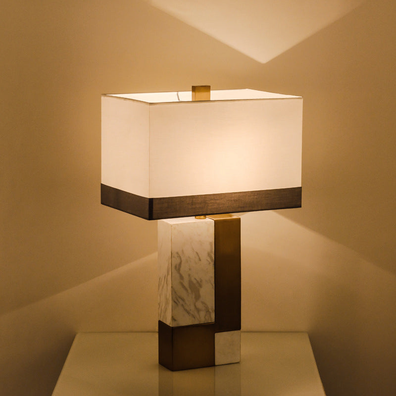 Minimalist Marble Nightstand Lamp: Rectangle Design Grey/White With Brass Colorblock Fabric Shade 1