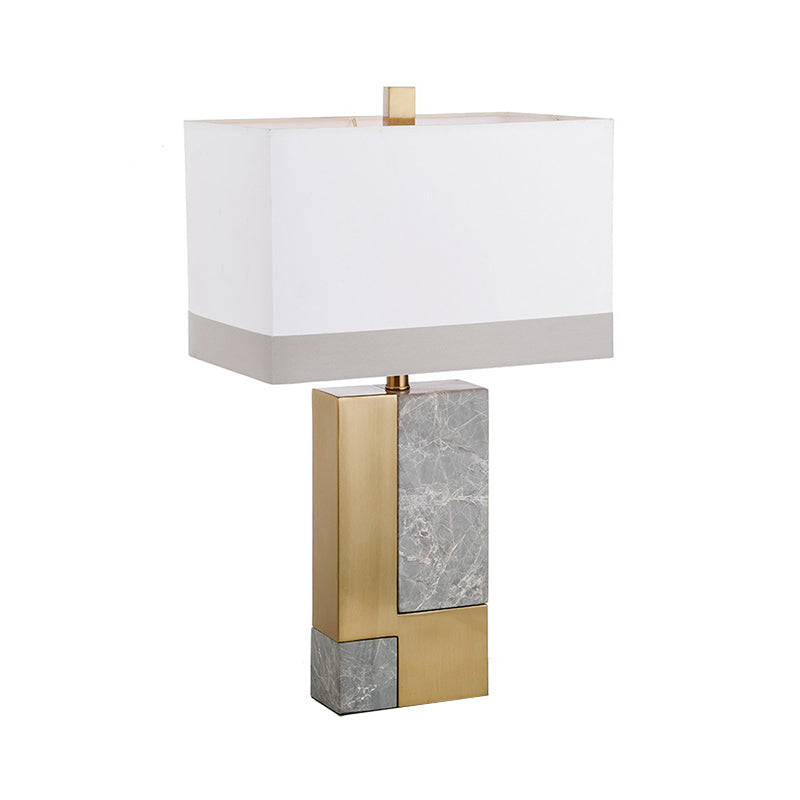 Minimalist Marble Nightstand Lamp: Rectangle Design Grey/White With Brass Colorblock Fabric Shade 1