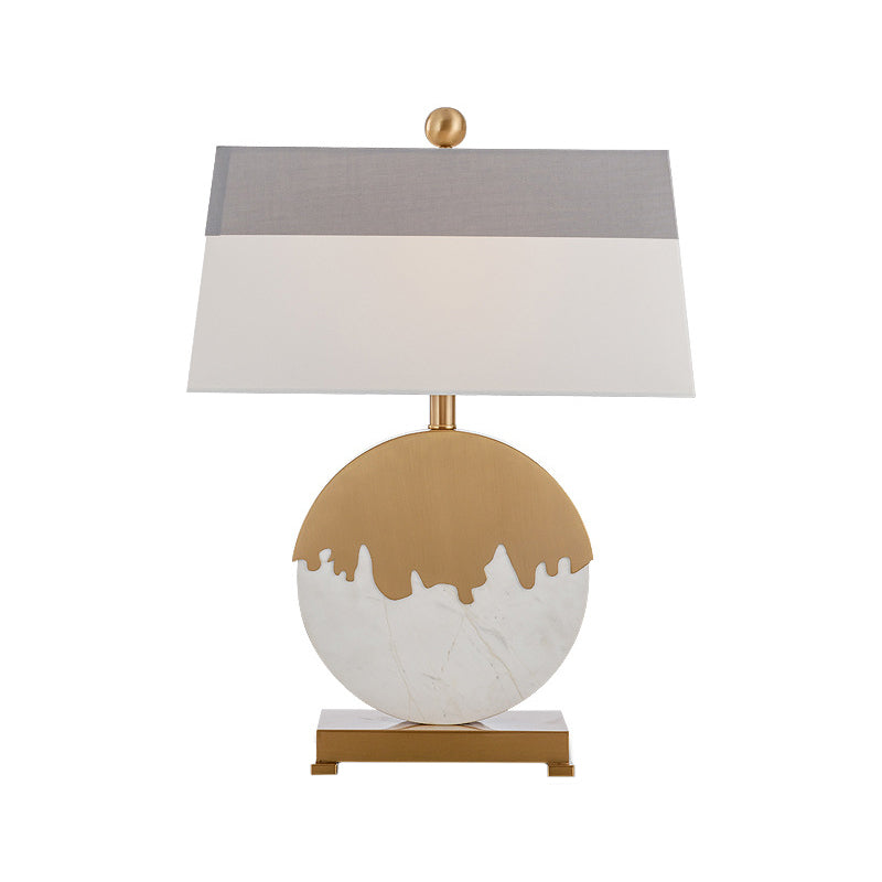 Contemporary Pagoda Fabric Table Light: Sleek Brass & White Nightstand Lamp Round Base