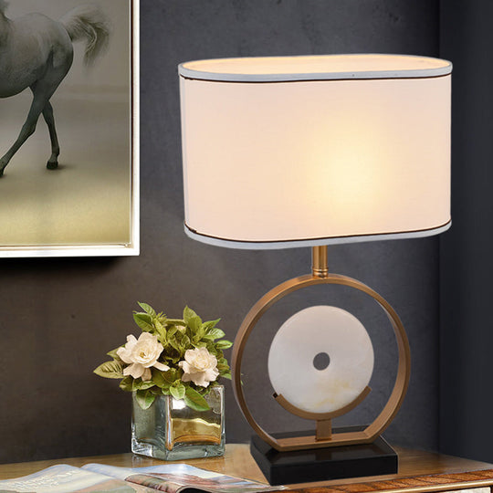 Modern Fabric Table Lamp - Ellipse Nightstand Light White 1-Light With Faux Jade Decor