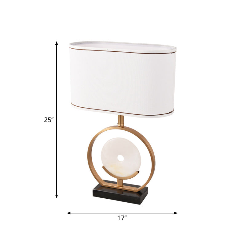 Laura - Ellipse Ellipse Nightstand Light Modern Fabric 1 Light White Table Lamp with Faux Jade Decor