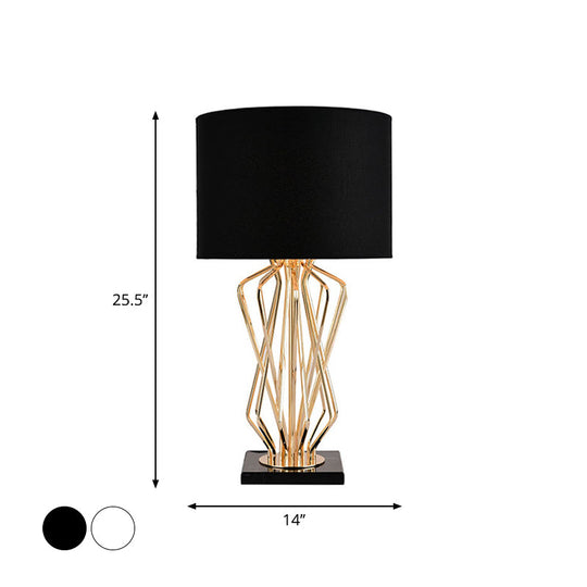 Modern Metal Table Lamp With Gold Finish Hourglass Night Light And Black/White Cylinder Fabric Shade
