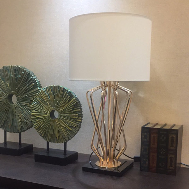 Modern Metal Table Lamp With Gold Finish Hourglass Night Light And Black/White Cylinder Fabric Shade