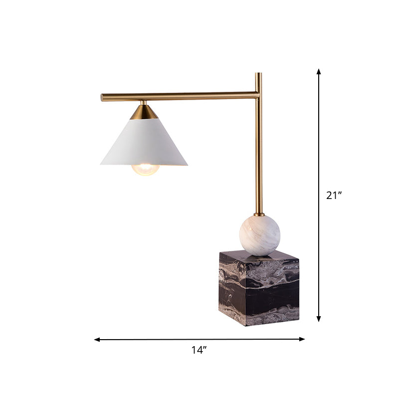 Mid Century Geometric Nightstand Lamp: Marble Base Black-White-Brass Accent 1-Light Bedroom Table