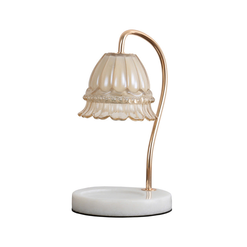 Stylish Tan Glass Floral Nightstand Lamp With White And Brass Gooseneck - Designer Table Light