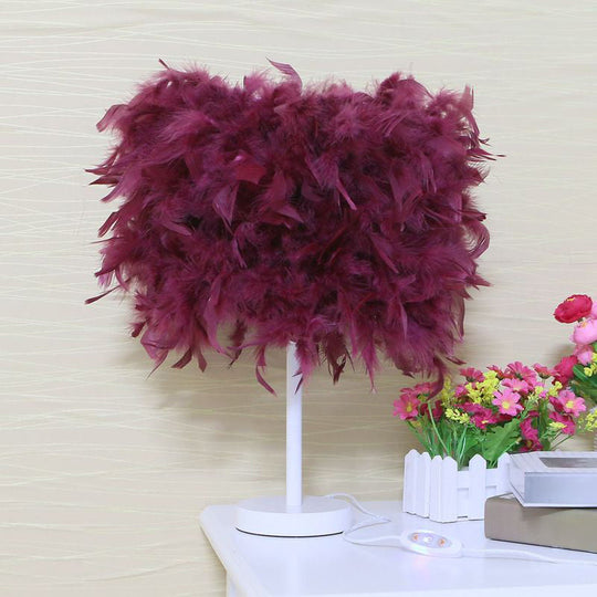 14 Modern Feather Cylinder Night Light - Pink/White/Purple Bedside Table Lamp Burgundy / 10