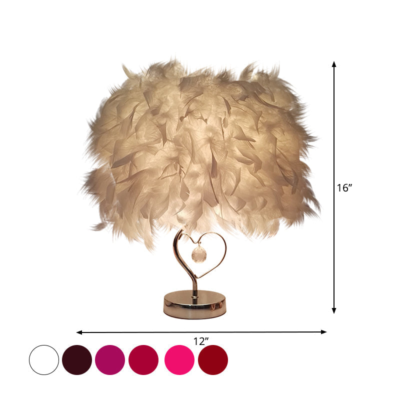 Contemporary Single Nightstand Lamp: Bucket Shaped Table Light In Red/White/Pink With Feather Shade