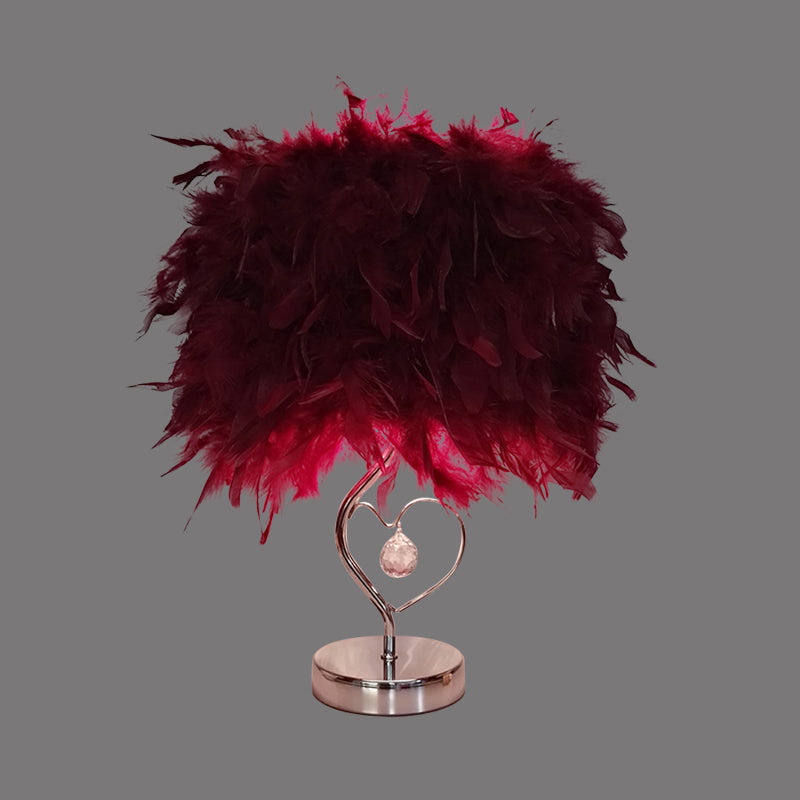 Contemporary Single Nightstand Lamp: Bucket Shaped Table Light In Red/White/Pink With Feather Shade