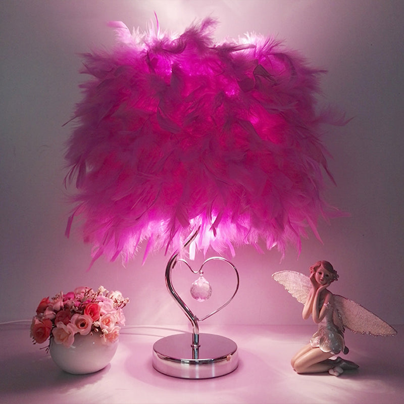 Riley - Modern Modern Single Nightstand Lamp Red/White/Pink Bucket Shaped Table Light with Feather Shade and Crystal Drop