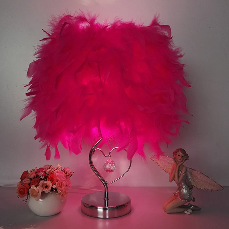 Riley - Modern Modern Single Nightstand Lamp Red/White/Pink Bucket Shaped Table Light with Feather Shade and Crystal Drop