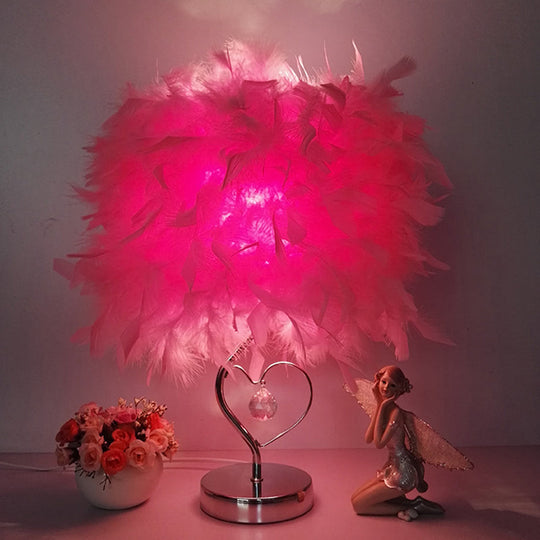 Riley - Modern Modern Single Nightstand Lamp Red/White/Pink Bucket Shaped Table Light with Feather Shade and Crystal Drop