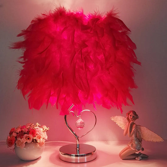 Contemporary Single Nightstand Lamp: Bucket Shaped Table Light In Red/White/Pink With Feather Shade