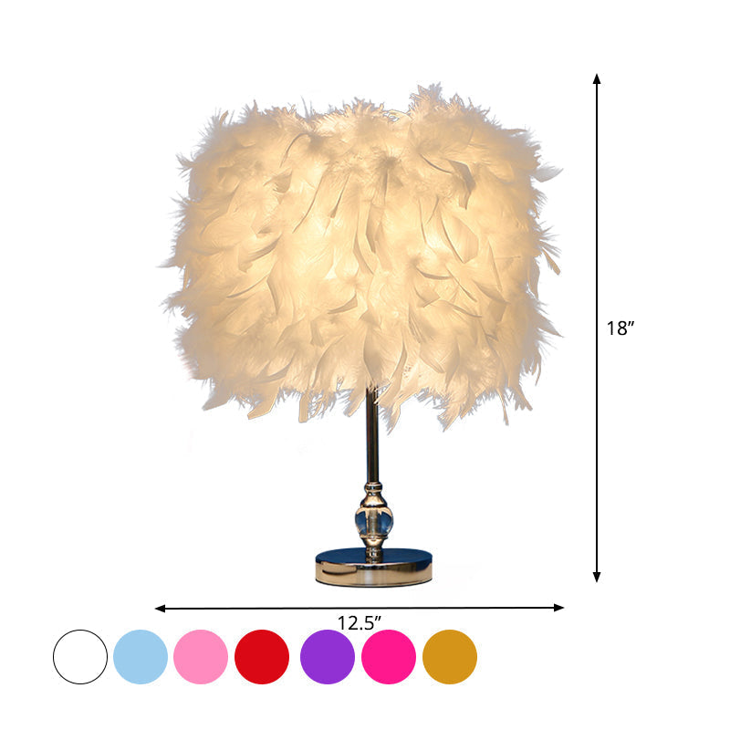 Lara - Simplicity Simplicity Drum Night Lamp Feather 1-Light Bedroom Table Lighting in Pink/Red/Yellow with Crystal Decor