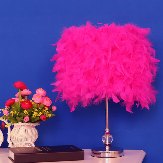 Feather Drum Night Lamp: Simple & Elegant 1-Light Bedroom Table Lighting In Pink/Red/Yellow With
