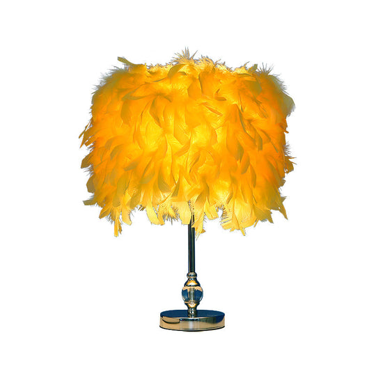 Feather Drum Night Lamp: Simple & Elegant 1-Light Bedroom Table Lighting In Pink/Red/Yellow With