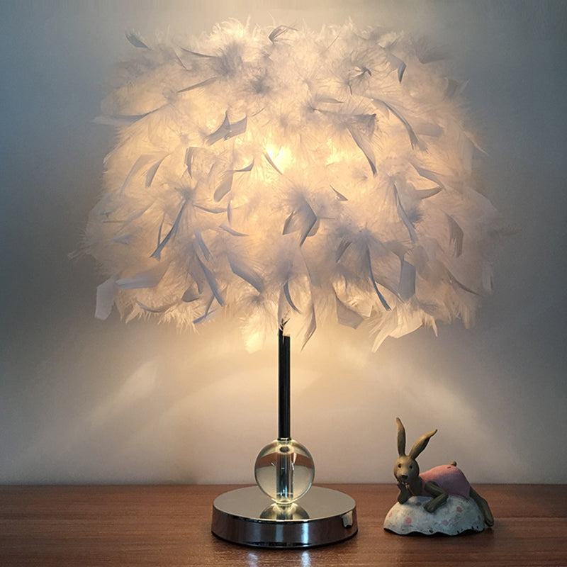 Contemporary Feather Cylinder Table Lamp With Crystal Ball - Red/Pink/Burgundy