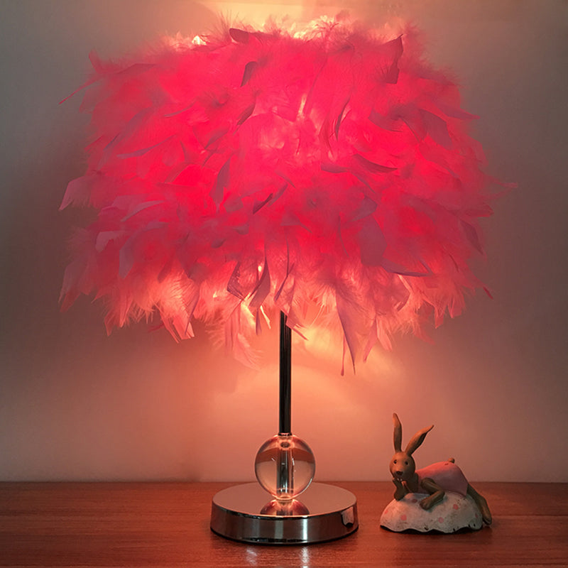 Contemporary Feather Cylinder Table Lamp With Crystal Ball - Red/Pink/Burgundy Pink