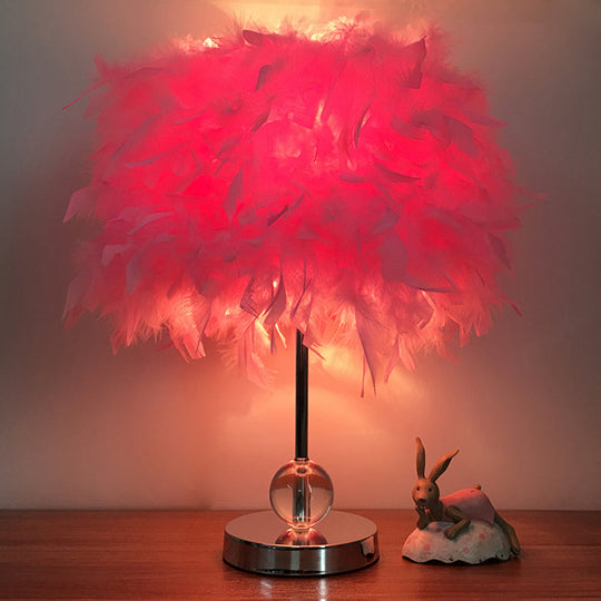 Contemporary Feather Cylinder Table Lamp With Crystal Ball - Red/Pink/Burgundy Pink
