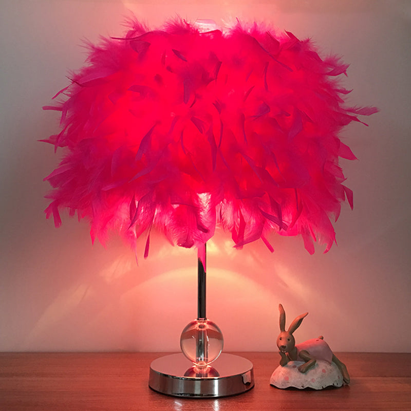 Contemporary Feather Cylinder Table Lamp With Crystal Ball - Red/Pink/Burgundy Peach