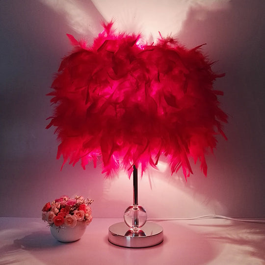 Contemporary Feather Cylinder Table Lamp With Crystal Ball - Red/Pink/Burgundy Red