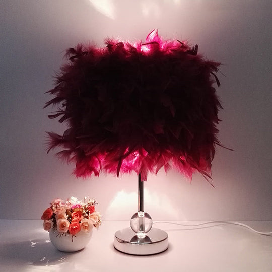 Contemporary Feather Cylinder Table Lamp With Crystal Ball - Red/Pink/Burgundy Burgundy