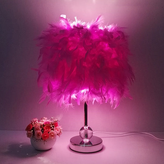 Contemporary Feather Cylinder Table Lamp With Crystal Ball - Red/Pink/Burgundy Purple