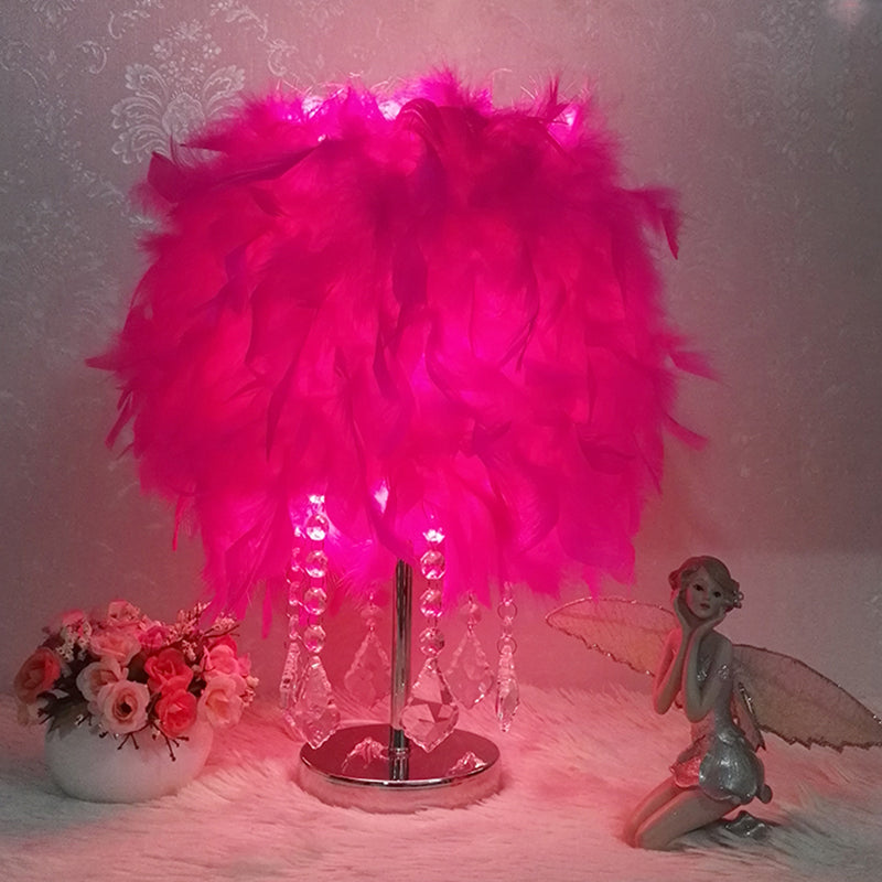 Modernist Cylinder Night Light In Pink/Peach Red/White With Crystal Strand - Single Bedroom Table