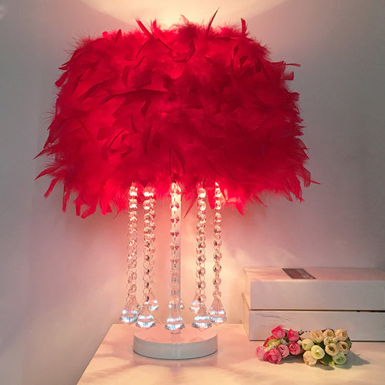 Modernist Feather Nightstand Light With Draping Crystal - Red/Pink/Purple Red
