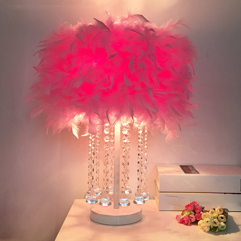 Modernist Feather Nightstand Light With Draping Crystal - Red/Pink/Purple Pink
