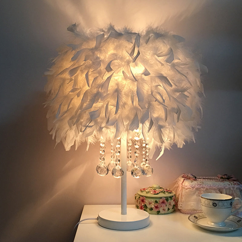 Contemporary Feather Round Night Stand Lamp With Crystal Drop And White/Chrome Base -