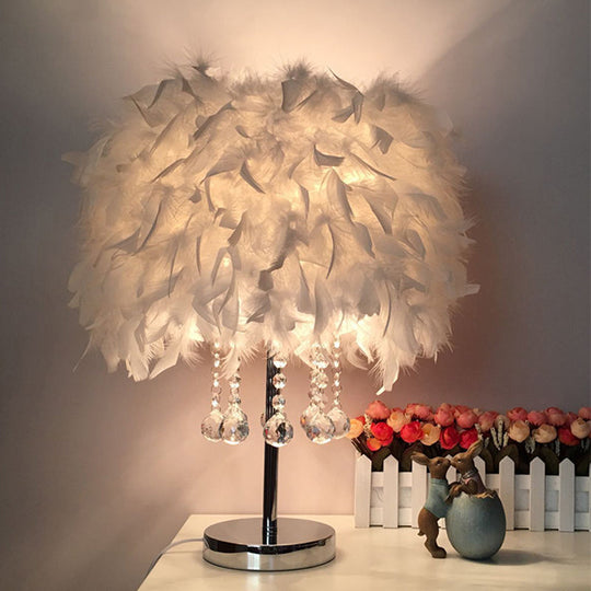 Contemporary Feather Round Night Stand Lamp With Crystal Drop And White/Chrome Base -