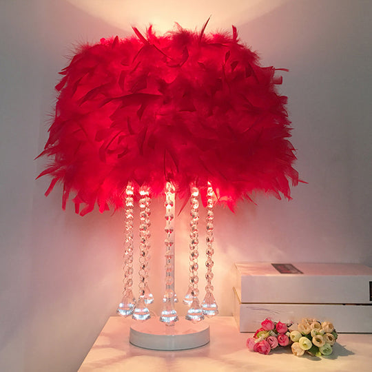 Modern 1-Light Girls Room Night Lamp In Pink/Purple/White With Feather Shade Red