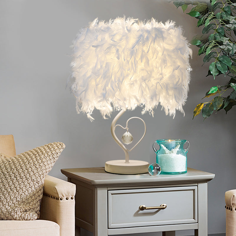 Modern Drum Table Lamp: Feather Light White/Pink/Burgundy Heart Frame Crystal Orb White