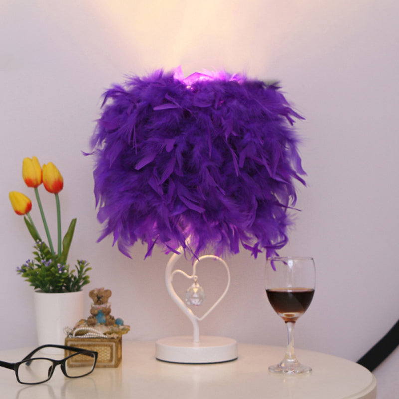 Modern Drum Table Lamp: Feather Light White/Pink/Burgundy Heart Frame Crystal Orb Purple