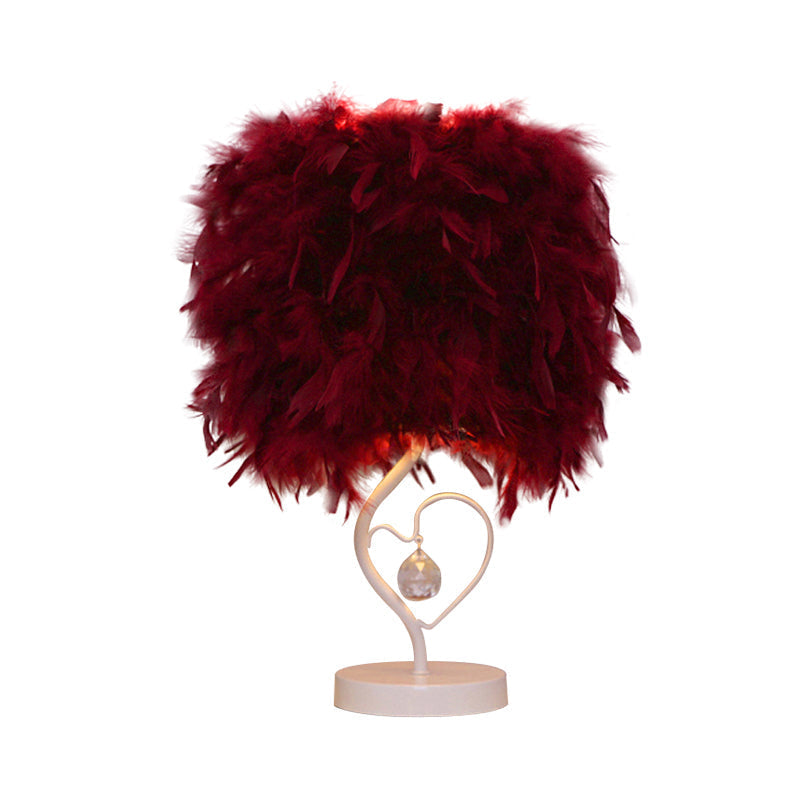 Modern Drum Table Lamp: Feather Light White/Pink/Burgundy Heart Frame Crystal Orb
