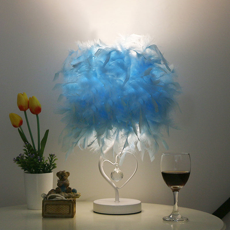 Modern Drum Table Lamp: Feather Light White/Pink/Burgundy Heart Frame Crystal Orb Blue