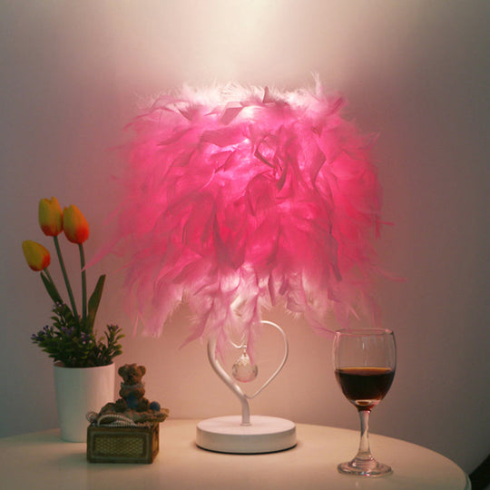 Modern Drum Table Lamp: Feather Light White/Pink/Burgundy Heart Frame Crystal Orb Pink