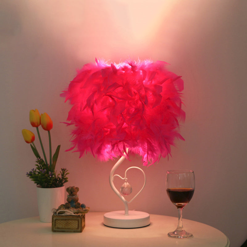 Modern Drum Table Lamp: Feather Light White/Pink/Burgundy Heart Frame Crystal Orb Rose Red