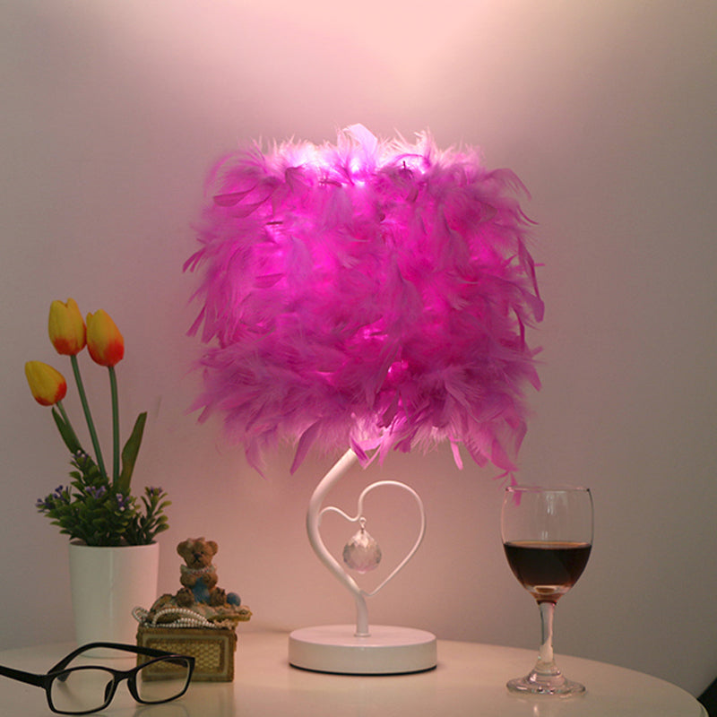 Modern Drum Table Lamp: Feather Light White/Pink/Burgundy Heart Frame Crystal Orb Purple
