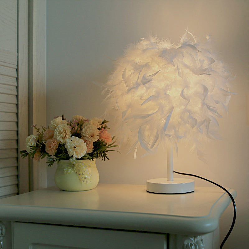 Nordic Feather Cylinder Nightstand Lamp - Elegant 1 Bulb Table Light For Bedroom With White/Chrome