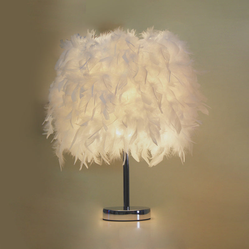 Nordic Feather Cylinder Nightstand Lamp - Elegant 1 Bulb Table Light For Bedroom With White/Chrome