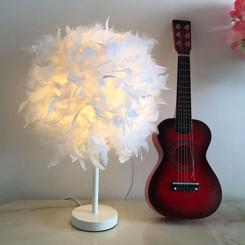 White Nordic Style Feather Sphere 1-Light Table Lamp For Bedroom