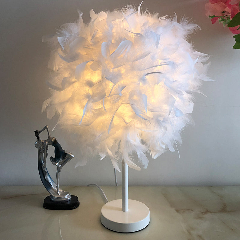 White Nordic Style Feather Sphere 1-Light Table Lamp For Bedroom