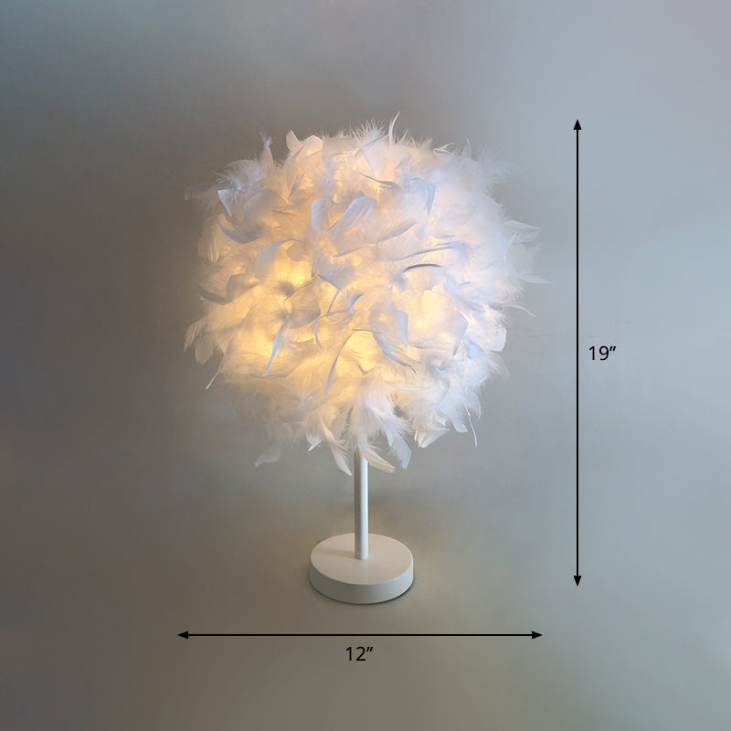 White Nordic Style Feather Sphere 1-Light Table Lamp For Bedroom