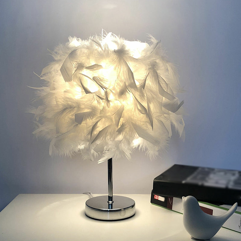 Feathered Ball Table Lamp For Kids Room - 8.5/10 Wide & Simple Design In White/Chrome Chrome / 8.5