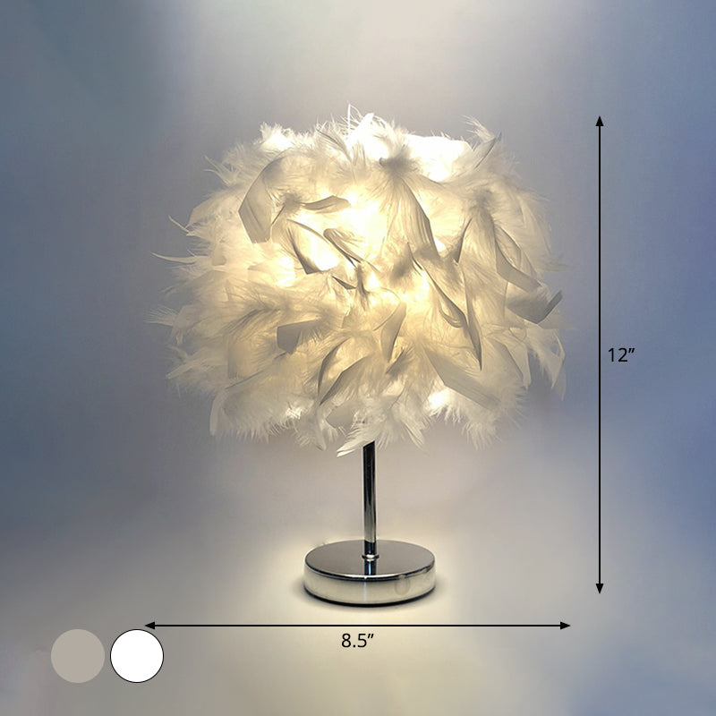 Feathered Ball Table Lamp For Kids Room - 8.5/10 Wide & Simple Design In White/Chrome