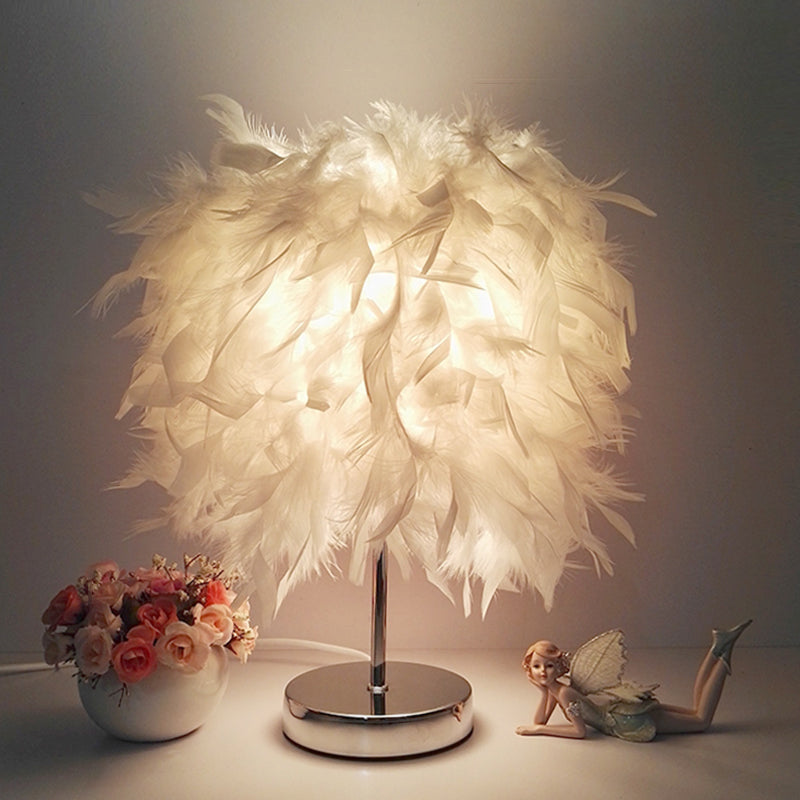 Feathered Ball Table Lamp For Kids Room - 8.5/10 Wide & Simple Design In White/Chrome Chrome / 10